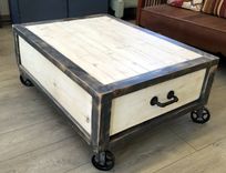 Large Rustic Industrial Coffee / Cocktail Table W/ Drawers On Cast Iron Casters / Wheels 4 small