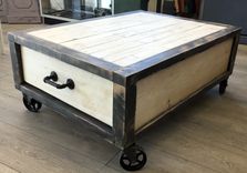 Large Rustic Industrial Coffee / Cocktail Table W/ Drawers On Cast Iron Casters / Wheels 5 small