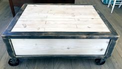 Large Rustic Industrial Coffee / Cocktail Table W/ Drawers On Cast Iron Casters / Wheels 2 small