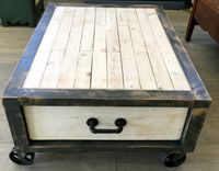 Large Rustic Industrial Coffee / Cocktail Table W/ Drawers On Cast Iron Casters / Wheels 3 small