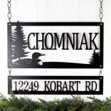 Personalized Metal Family Name and Address Sign with Lake Loon and Pine Trees 1 small