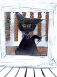 Stained Glass Panel Cat Black Cat Wood Framed 1 small