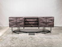 Credenza Modern Faceted Front, Steel Base, Gray Curly Maple Wood, Sideboard, Buffet, Server 2 small