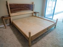 Bed, King Size - Ash, Oak And Walnut Flitch With Matching Nightstands. 1 small