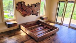 Redwood Burl Headboard W/ Floating Walnut+Redwood Nightstand Cabs, King Bed Frame Walnut+Padauk 5 small