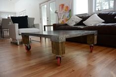 Duxbury Metal & Wood Coffee Table W/Red Wheels 2 small