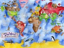 Children's Illustrated Watercolor Art Royal Blue World Map 1 small