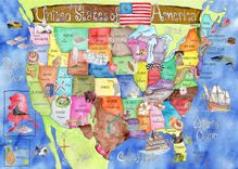 Children's Illustrated Watercolor Art United States Royal Blue Map 1 small