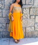 Long  Dress In Orange Color, Georgette Fabric,Net Fabric Dupatta, And Gold Finishing 2 small