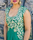 Long Dress Teel Green Net Fabric, Light Gold Jari Stone Embroidery Churidar Teel Green Lycra Fabric. 2 small