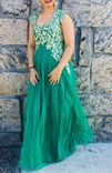 Long Dress Teel Green Net Fabric, Light Gold Jari Stone Embroidery Churidar Teel Green Lycra Fabric. 1 small