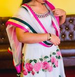 Long Dress Georgette Fabric,Jari Emd,(Pant),Lycra,(Stole) Net Fabric Pink,Silver,Green Silk Border 3 small