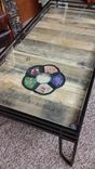 Coffee Table With Vintage Pallet Boards, Beveled Glass Top And Three Post Hairpin Legs 1 small