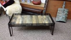 Coffee Table With Vintage Pallet Boards, Beveled Glass Top And Three Post Hairpin Legs 3 small