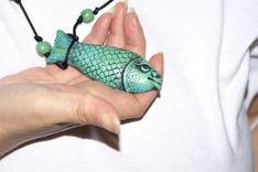 Necklace Kayla Fish, Hand Sculpted Green/Blue 2 Sided Female Face 3 small