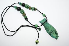 Necklace Kayla Fish, Hand Sculpted Green/Blue 2 Sided Female Face 4 small