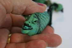 Necklace Kayla Fish, Hand Sculpted Green/Blue 2 Sided Female Face 5 small