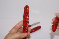 Knife Set, Hand Sculpted Red Polymer, Reclaimed Stainess Vintage Utinsil 3 small