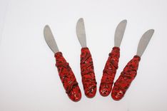Knife Set, Hand Sculpted Red Polymer, Reclaimed Stainess Vintage Utinsil 4 small