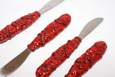 Knife Set, Hand Sculpted Red Polymer, Reclaimed Stainess Vintage Utinsil 5 small