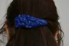 Barrette, Hand Sculpted Solid Navy Blue Polymer Flower Leaves 1 small