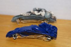 Barrette, Hand Sculpted Solid Navy Blue Polymer Flower Leaves 2 small