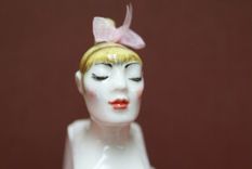 Porcelain Teapot, Blond Girl W/ Real Pink Ribbon In Lace Trim Polka Dot Suit 5 small