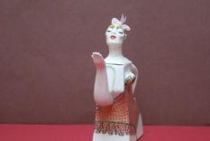 Porcelain Teapot, Blond Girl W/ Real Pink Ribbon In Lace Trim Polka Dot Suit 3 small