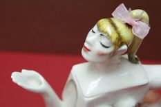 Porcelain Teapot, Blond Girl W/ Real Pink Ribbon In Lace Trim Polka Dot Suit 4 small