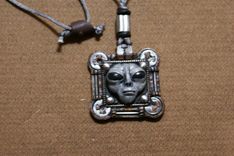 Necklace, Gray Silver Alien, Black Eyes In Computer Chip Square, Hand Sculpted Polymer 1 small