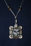 Necklace, Gray Silver Alien, Black Eyes In Computer Chip Square, Hand Sculpted Polymer 2 small