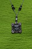Necklace, Gray Silver Alien, Black Eyes In Computer Chip Square, Hand Sculpted Polymer 4 small