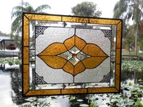 Vintage Look Stained Glass Window Panel, Neutral Champagne & Beveled Glass Transom Window 4 small