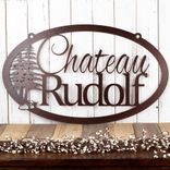 Personalized Hanging Oval Metal House Name Sign with Pine Trees 1 small
