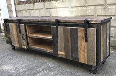 Rustic Industrial Barn Board Media Stand / Tv / Entertainment Stand W/ Sliding Doors 6 small
