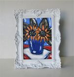 Original Acrylic Sunflowers Painting, Shabby Ornate White Frame 2 small