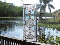 Stained Glass Plate Panel, Vintage Jeannette Cubist Stained Glass Window Transom 4 small
