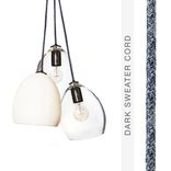 Dark Sweater Cord Matte White Porcelain Globe Clay & Hand Blown Clear Glass 3 Pendant Chandelier 1 small
