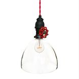 8" Clear Blown Glass Upcycled Valve Pipe Pendant Light- Red Cloth Cord 1 small