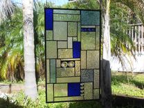 Stained Glass Panel Shades Of Blue Crazy Quilt Patchwork Geometric Stained Glass Window Transom 7 small