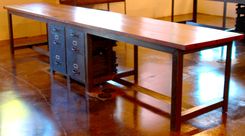 Large Two Person Industrial Desk With Built In Drawers, Iron And Pine 1 small