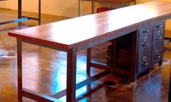 Large Two Person Industrial Desk With Built In Drawers, Iron And Pine 2 small