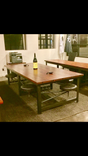 Custom 6 Stool Iron And Pine Conference Table Desk With 6 Leather Swivel Swing Out Stools 1 small
