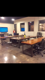 Custom 6 Stool Iron And Pine Conference Table Desk With 6 Leather Swivel Swing Out Stools 3 small