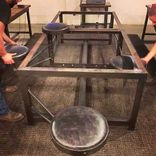 Custom 6 Stool Iron And Pine Conference Table Desk With 6 Leather Swivel Swing Out Stools 5 small