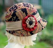 Fall Winter Cloche Hat In Bohemian Red Paisley Print Fabric 4 small
