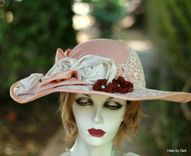 Vintage 1900s Edwardian Victorian Hat Wide Brim Velvet Lace Flowers 5 small