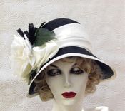 Vintage 20s Black And White Hat Cloche Wide Brim Large Flower 1 small