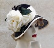 Vintage 20s Black And White Hat Cloche Wide Brim Large Flower 2 small