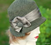 Classic Downton Abbey 20'S Style Cloche Hat In Textured Olive Fabric 2 small